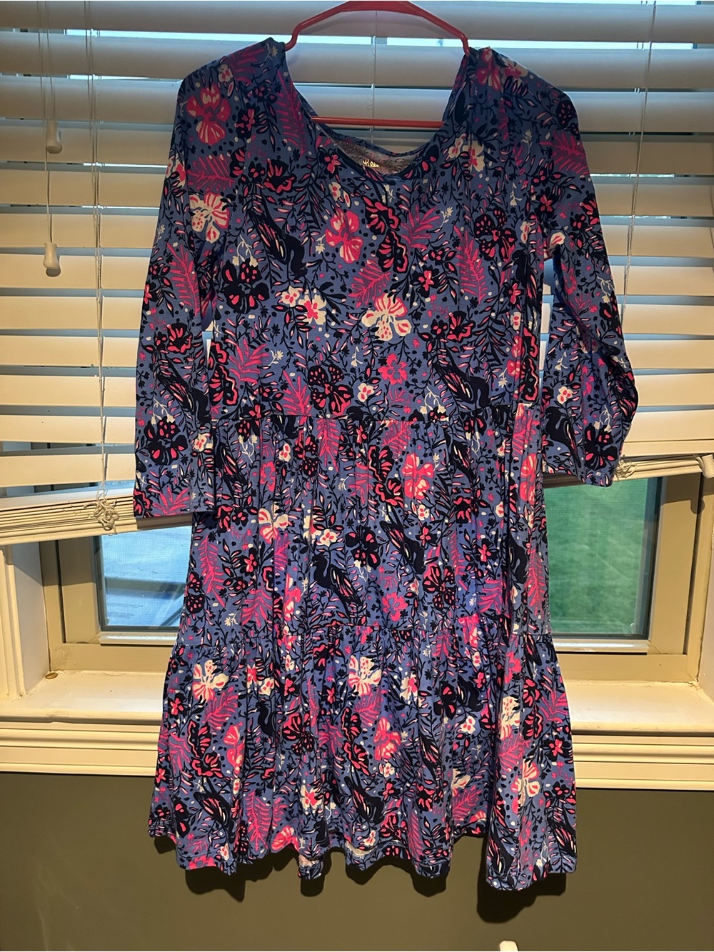 Lilly Pulitzer Blue Floral Tiered Long-Sleeve Dress with Pink Accents